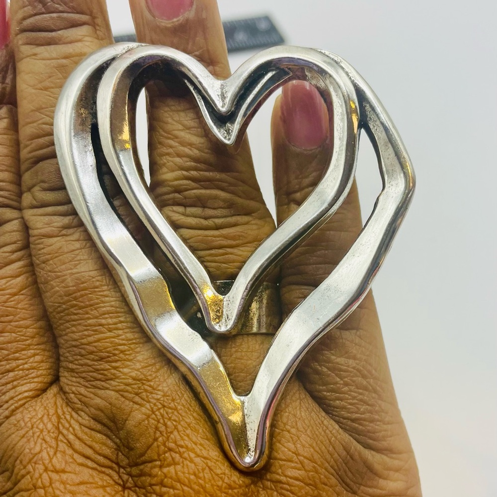 Large Silver Double Heart Adjustable Statement Ri… - image 1